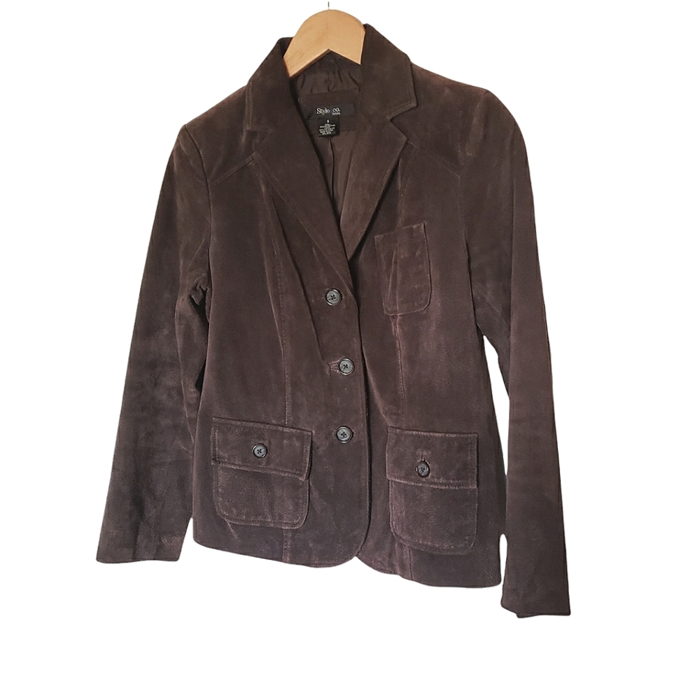Style & Co Petite Brown Suede Leather Jacket Size S Pockets - Picture 5 of 9